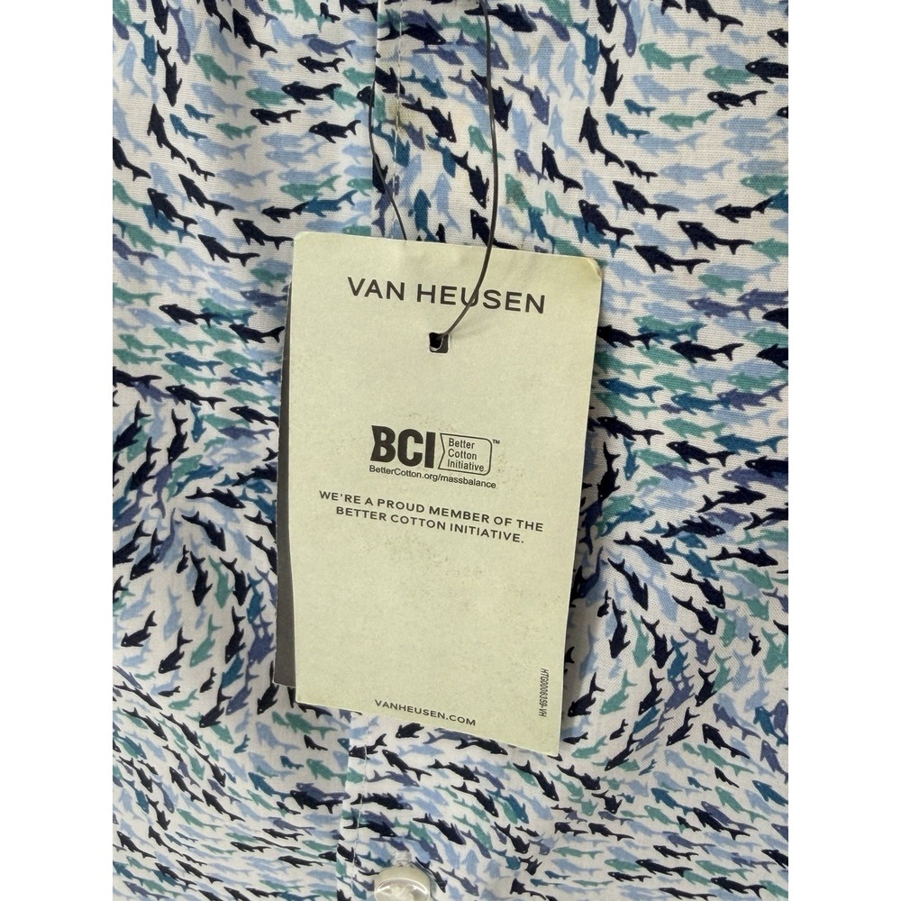 Van Heusen NWT Mens XL Shark Print Button Up Shirt Never Tuck Slim Fit Blue - Picture 4 of 10